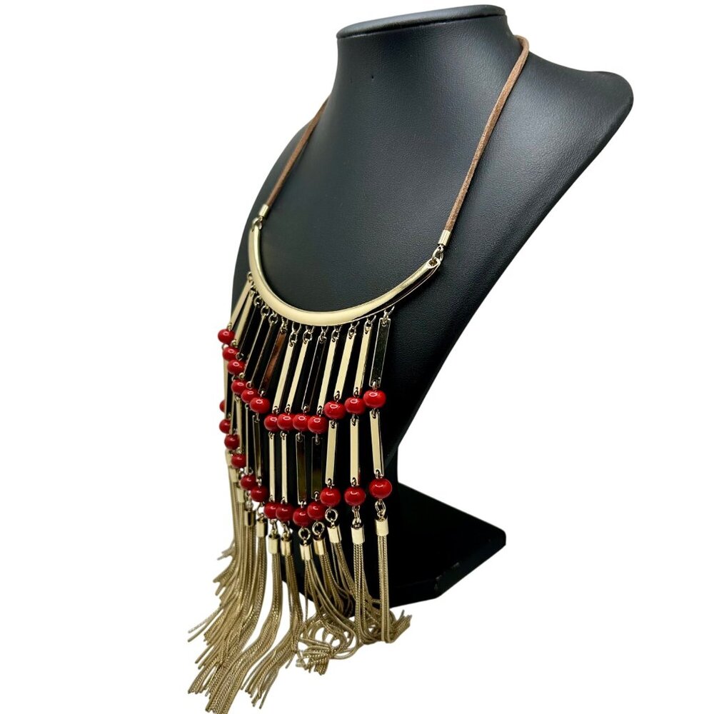 Chico's Necklace Jewelry Bib Statement Red and Gold Tone Fringe Tassel 21" - Picture 4 of 7